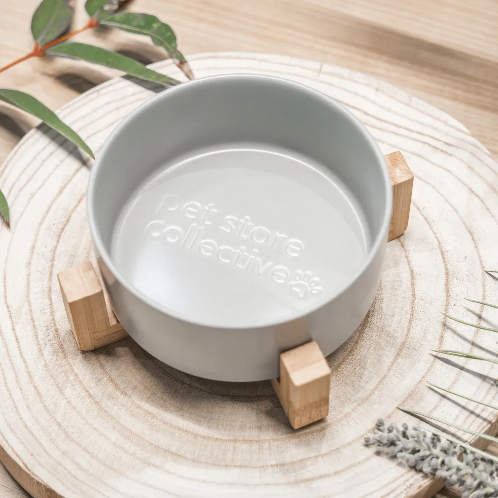 Silver Mist Ceramic Pet Bowl with Bamboo Base