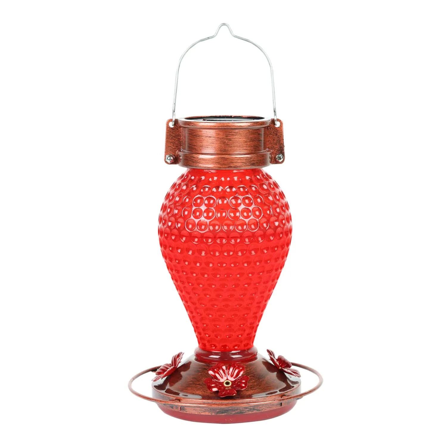 Solar Hanging Hummingbird Feeder with Illuminating Scarlet Glass, Bronze Metal Top and Base, 6.5 x 6.5 x 9.5 Inches