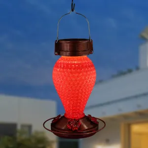 Solar Hanging Hummingbird Feeder with Illuminating Scarlet Glass, Bronze Metal Top and Base, 6.5 x 6.5 x 9.5 Inches