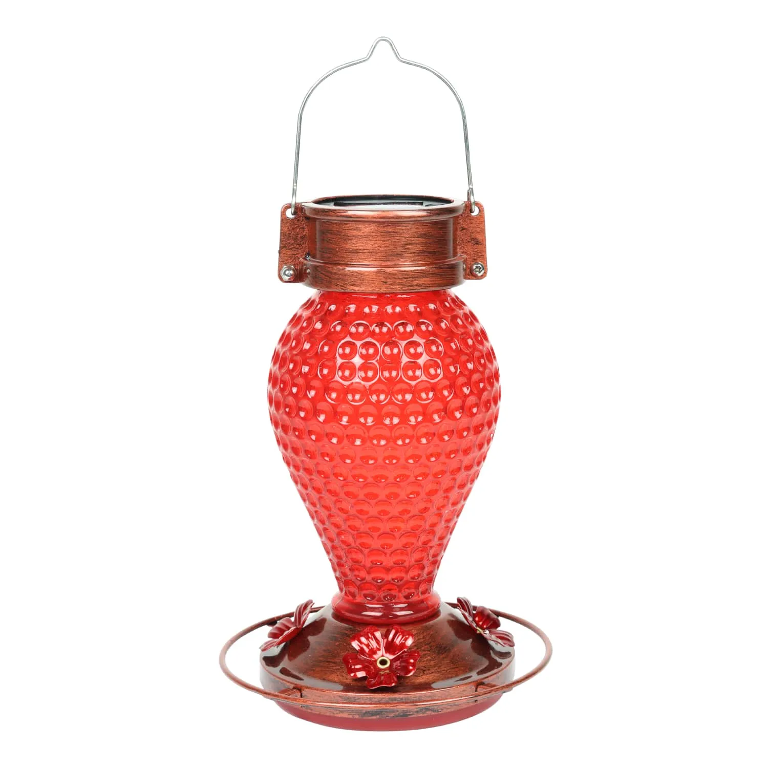 Solar Hanging Hummingbird Feeder with Illuminating Scarlet Glass, Bronze Metal Top and Base, 6.5 x 6.5 x 9.5 Inches