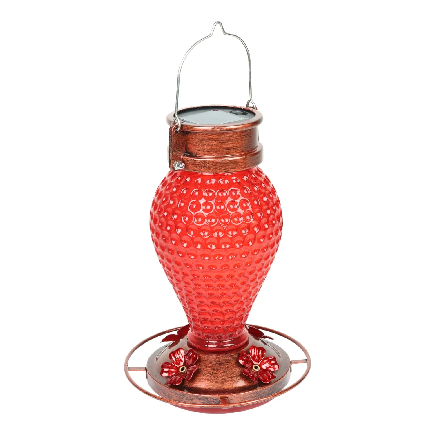 Solar Hanging Hummingbird Feeder with Illuminating Scarlet Glass, Bronze Metal Top and Base, 6.5 x 6.5 x 9.5 Inches