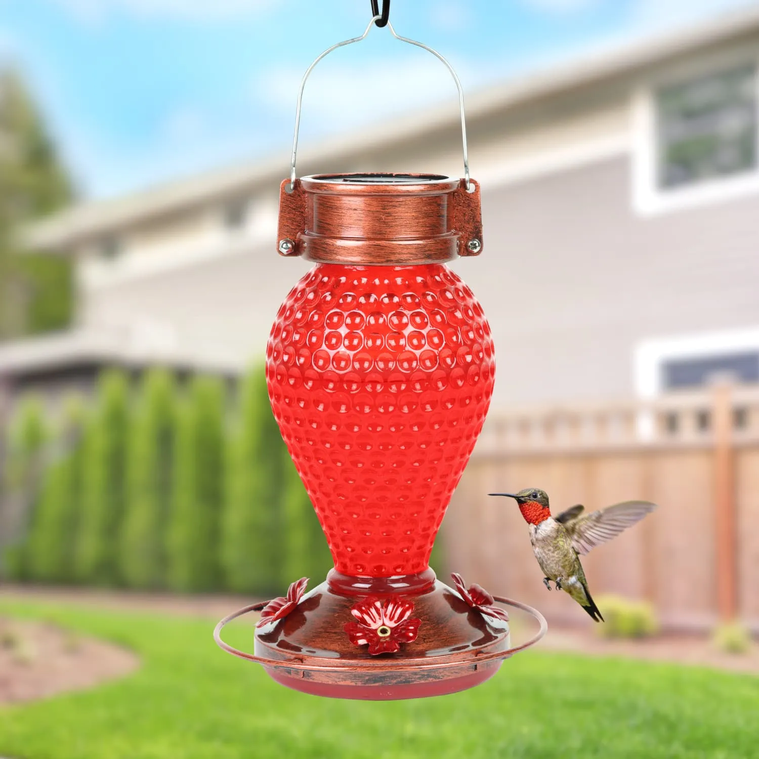 Solar Hanging Hummingbird Feeder with Illuminating Scarlet Glass, Bronze Metal Top and Base, 6.5 x 6.5 x 9.5 Inches