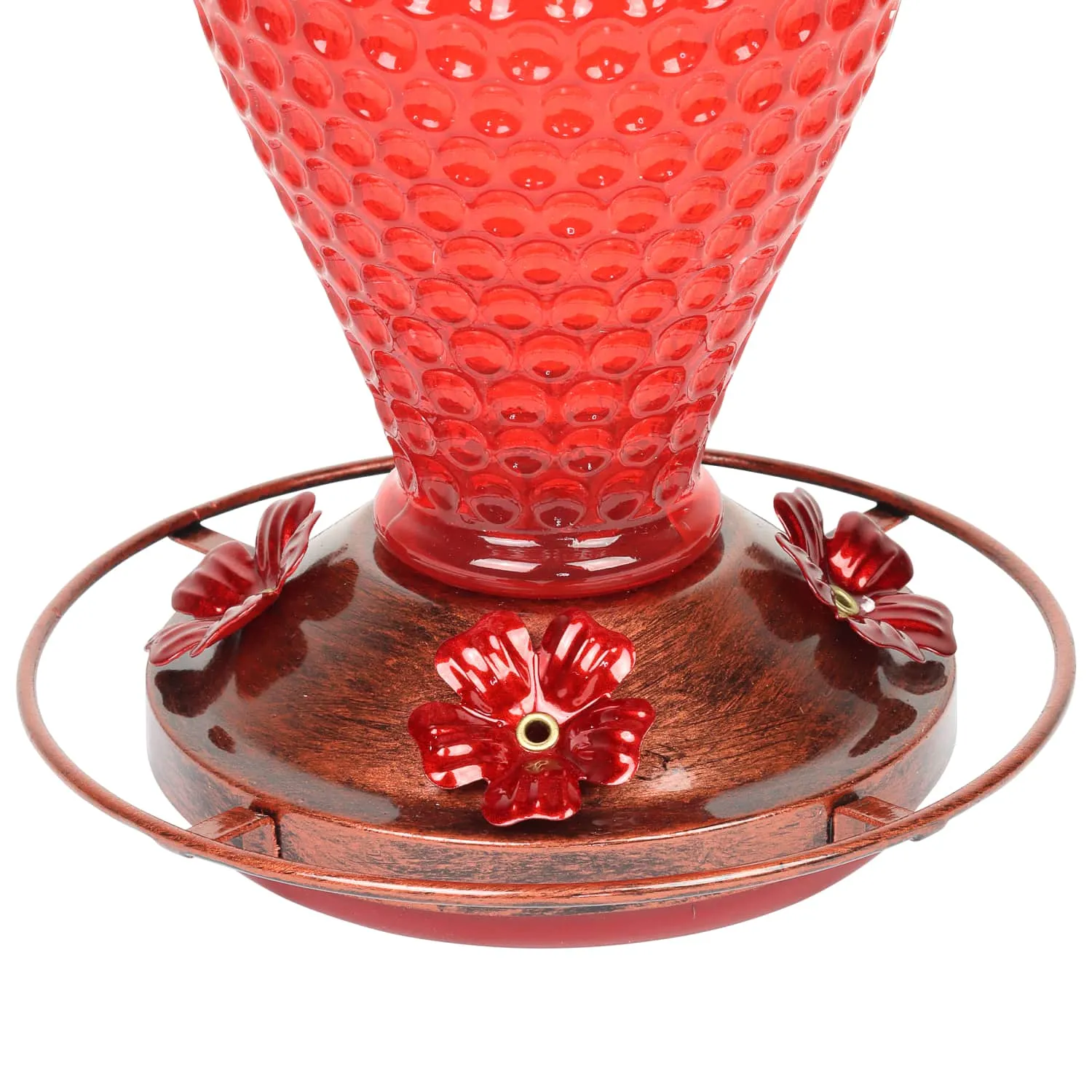 Solar Hanging Hummingbird Feeder with Illuminating Scarlet Glass, Bronze Metal Top and Base, 6.5 x 6.5 x 9.5 Inches