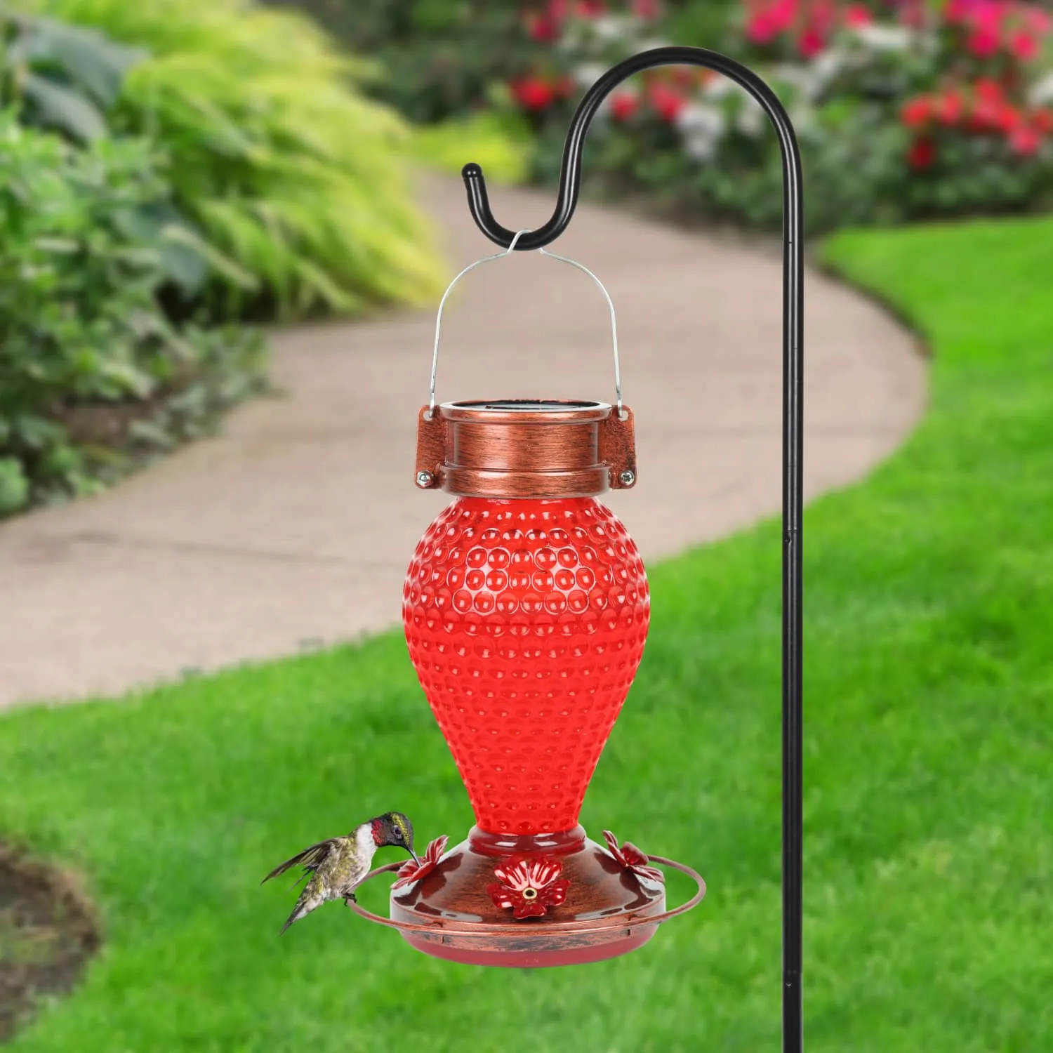 Solar Hanging Hummingbird Feeder with Illuminating Scarlet Glass, Bronze Metal Top and Base, 6.5 x 6.5 x 9.5 Inches