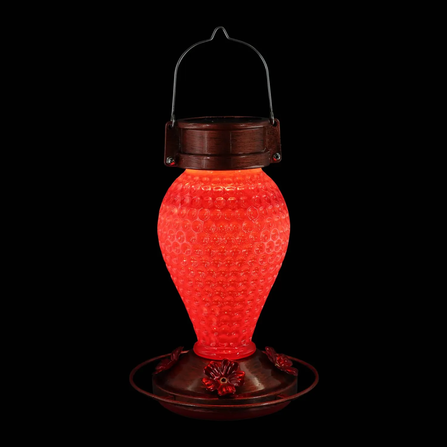 Solar Hanging Hummingbird Feeder with Illuminating Scarlet Glass, Bronze Metal Top and Base, 6.5 x 6.5 x 9.5 Inches