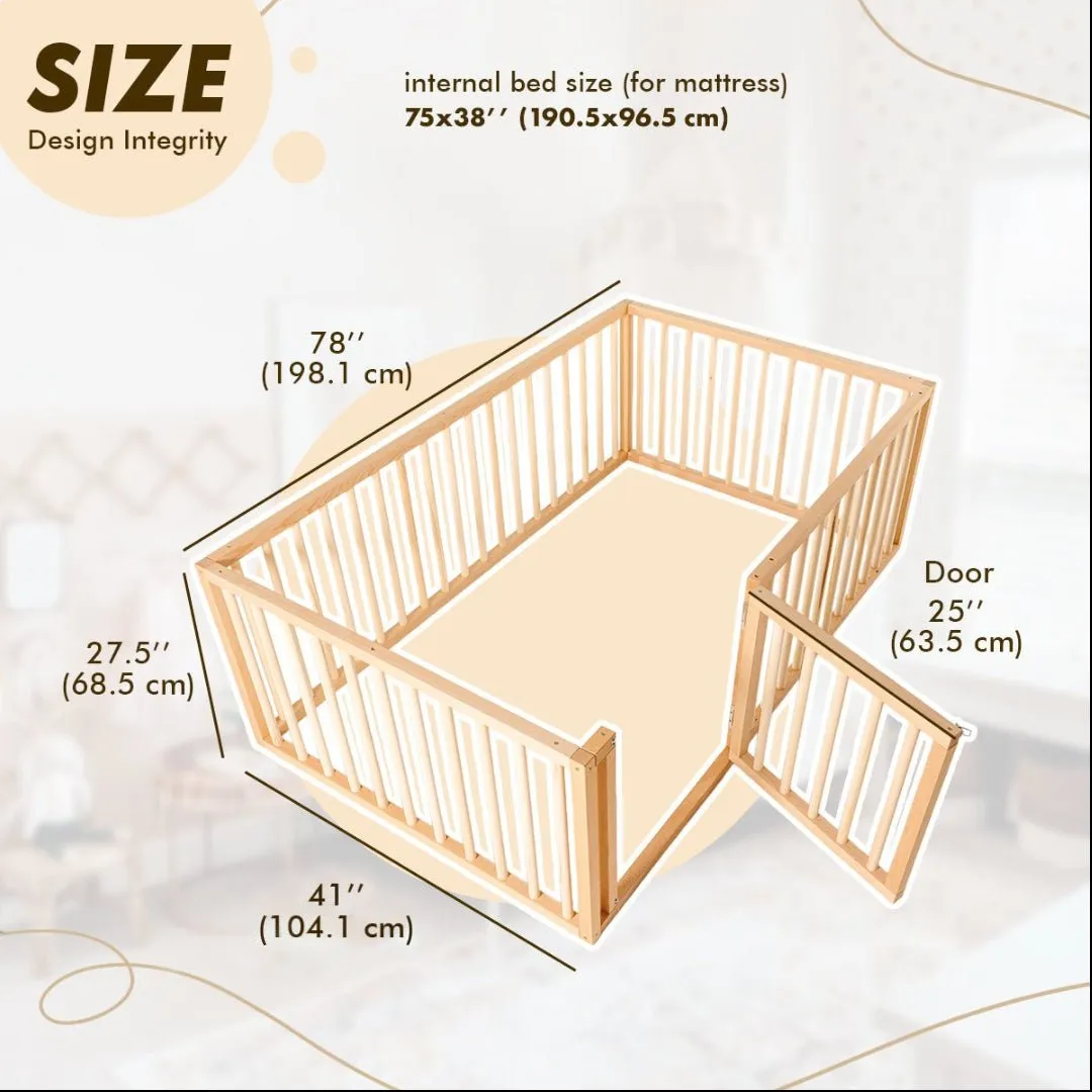 Twin Size Bed Frame for Toddlers with Fence (75*38 inch)