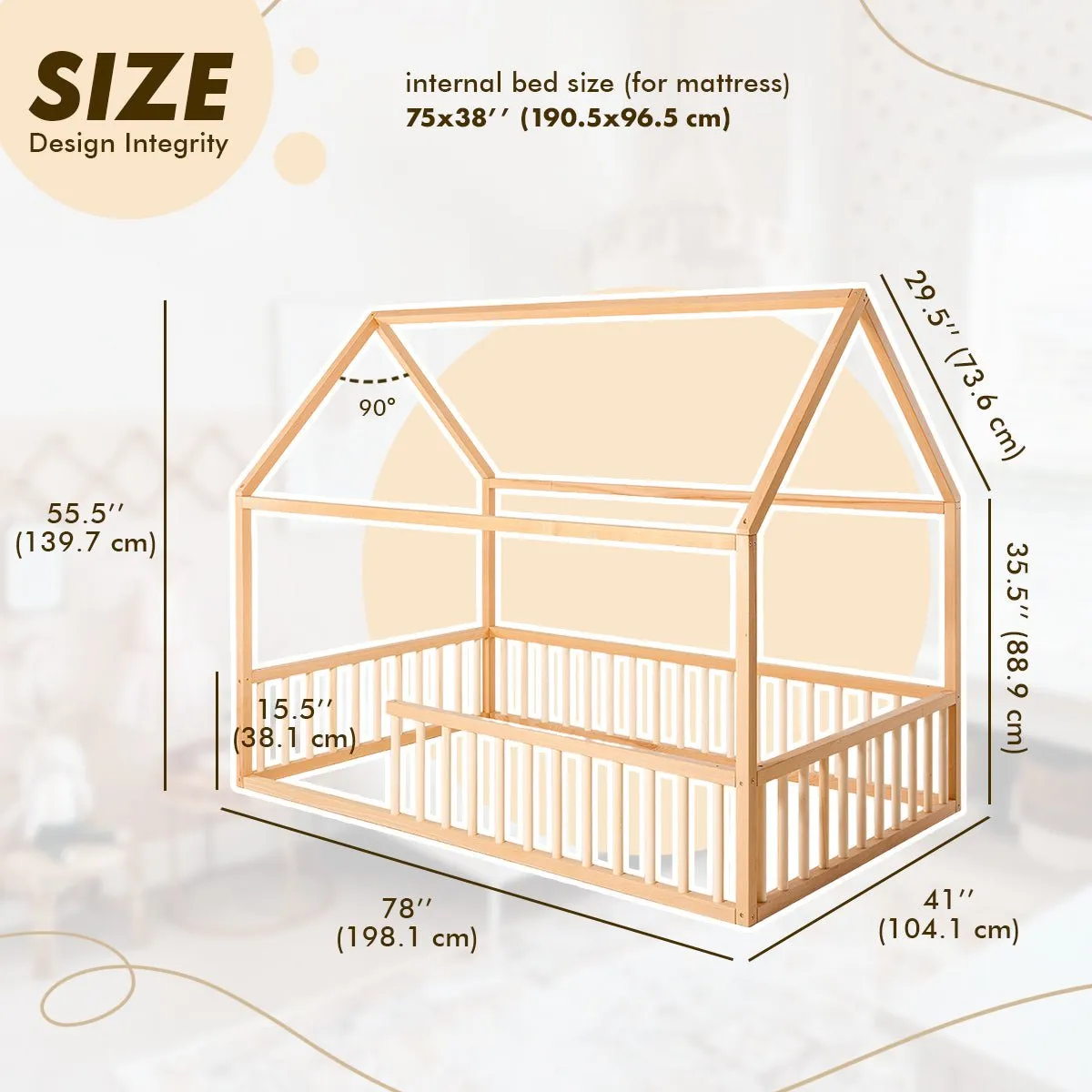 Twin Size Montessori House Bed for Kids with Fence (75x38 inch)