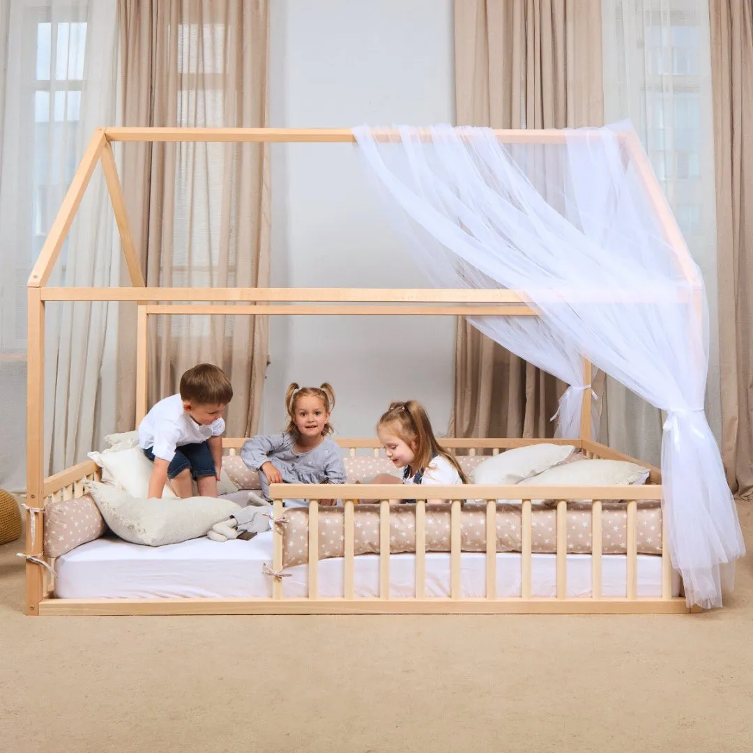 Twin Size Montessori House Bed for Kids with Fence (75x38 inch)