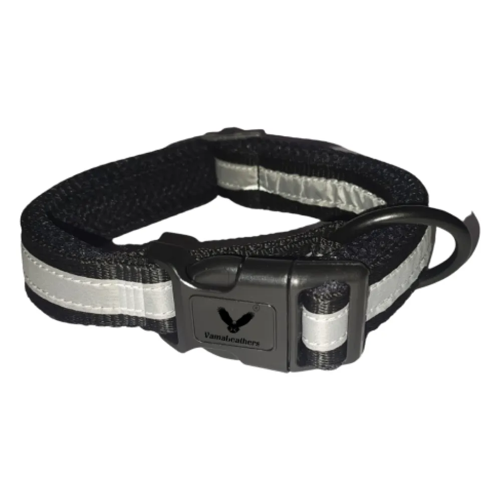 Vama Leathers Night Visible Reflective All Weather Everyday Collar for Dogs (Shiny Black)