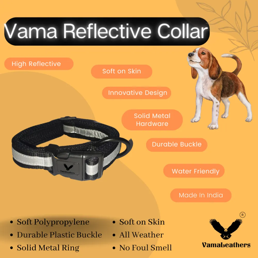 Vama Leathers Night Visible Reflective All Weather Everyday Collar for Dogs (Shiny Black)