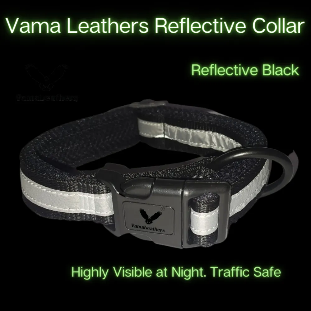 Vama Leathers Night Visible Reflective All Weather Everyday Collar for Dogs (Shiny Black)