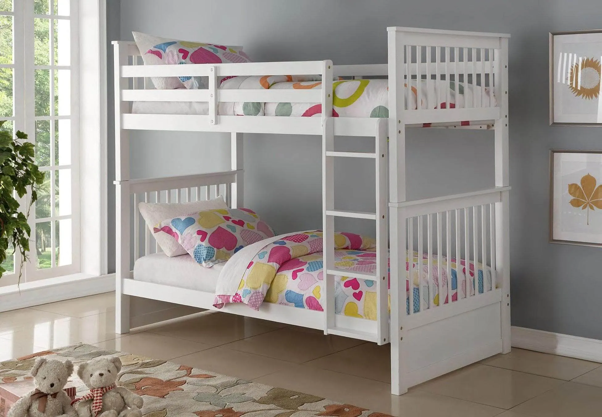 White Mission Wooden Bunk Bed Single over Single (Twin) Converts into Two Beds